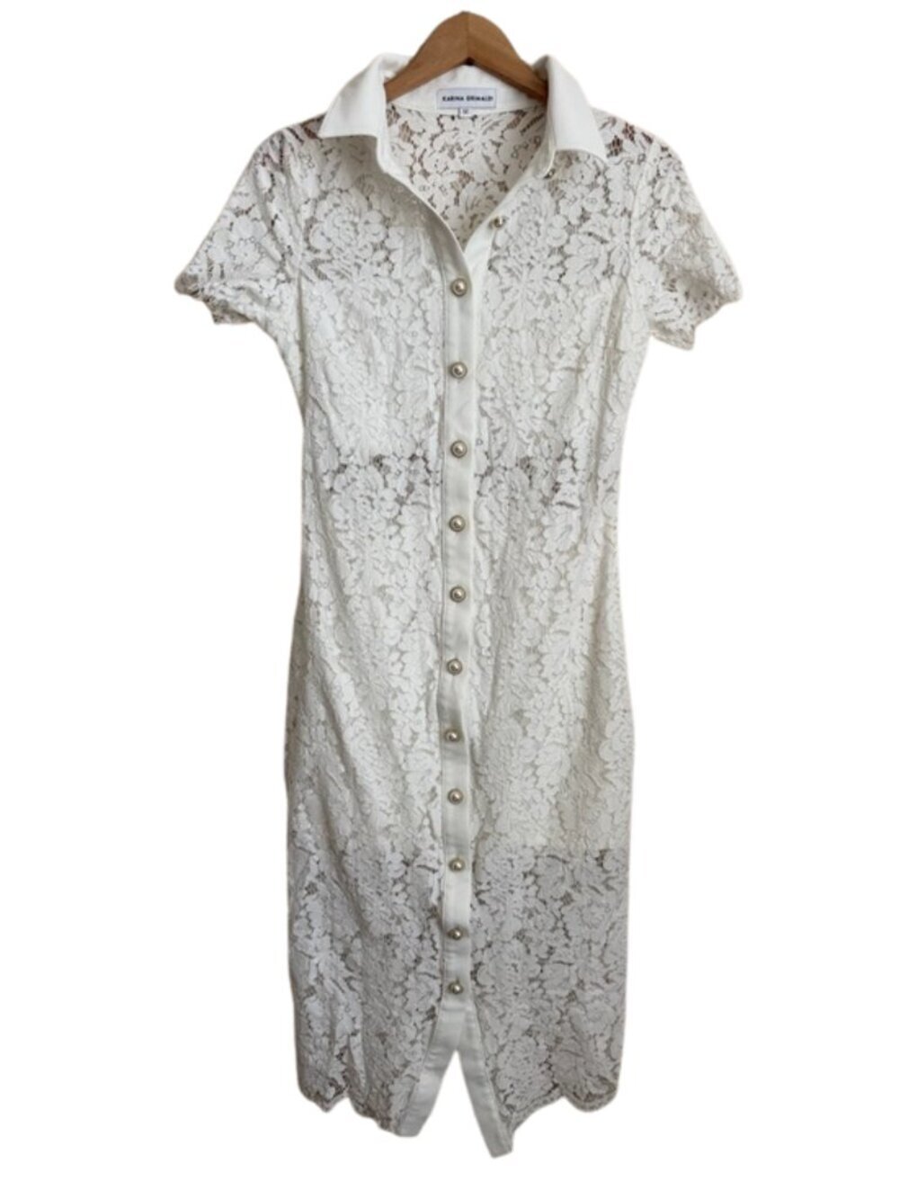 Karina Grimaldi Lace Midi Shirt Dress White Bridal Shower Rehearsal Dinner Pearl